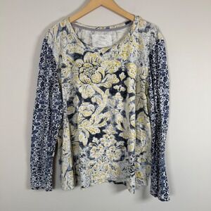 Cino Floral Paisley Slub Knit Long Sleeve Shirt‎ Top XXL Blue Yellow BOHO Greek